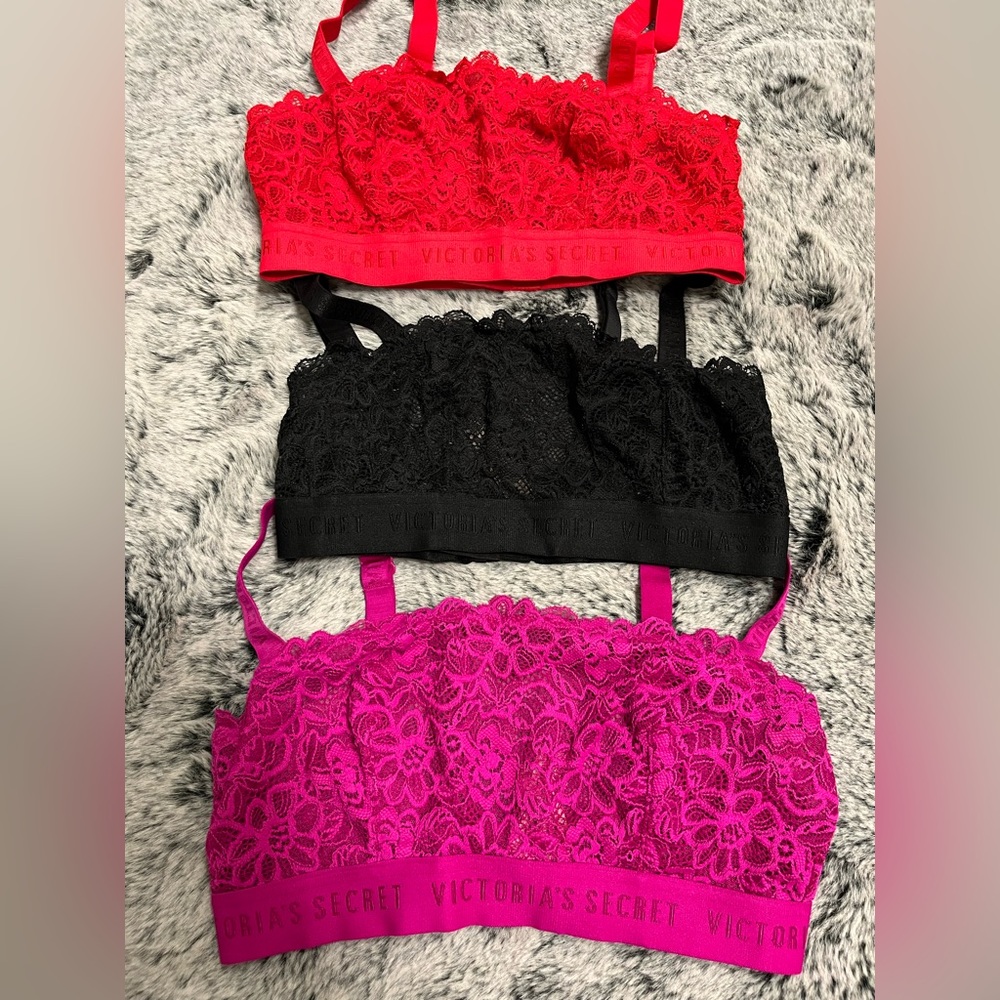 Victoria Secret 3 Set Lace Bandeau Bras In Colors Red, Black And Pink